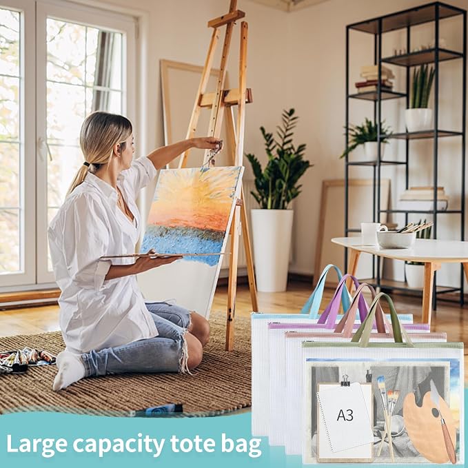 4 Pack A3 EVA Mesh Art Portfolio Bag, Transparent A3 Folders for Artwork with Handle and Zipper Waterproof Art Portfolio Case for File Storage - Image 6