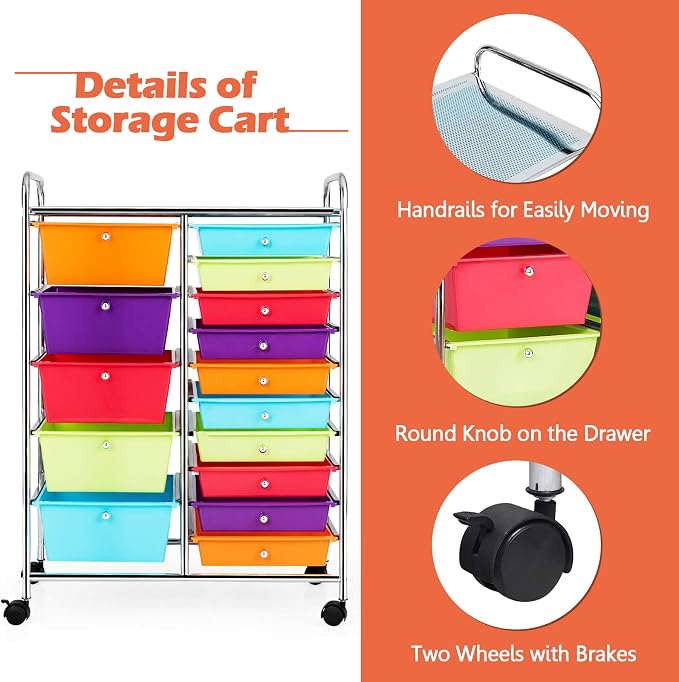 Moccha 15-Drawer Rolling Storage Cart - Under Desk Storage Drawers with wheels for Craft Art Supply Paper Salon, Scrapbook Paper Tools, Mobile Utility Cart for Classroom (15 Drawers, Multicolor) - Image 5