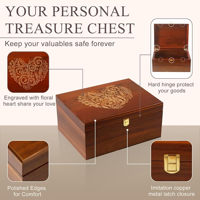 Large Wooden Keepsake Box with Hinged Lid and Photo Frame - Elegant Wedding Memory Box, Ideal for Photos, Letters, Time Capsules, Bride Gift, Decorative Storage，5.5“*8.6”*11.3“ - Image 3