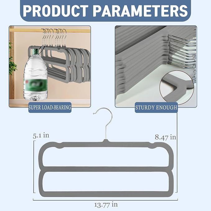 VSV stoage Velvet Pants Hangers with Double Non Slip Bar - Multiple Velvet Hangers for Closet - Thin Space Saving Clothes Hanger - 360° Swivel Felt Trouser Hanger Perchas Terciopelo 10 Pack (Grey) - Image 2
