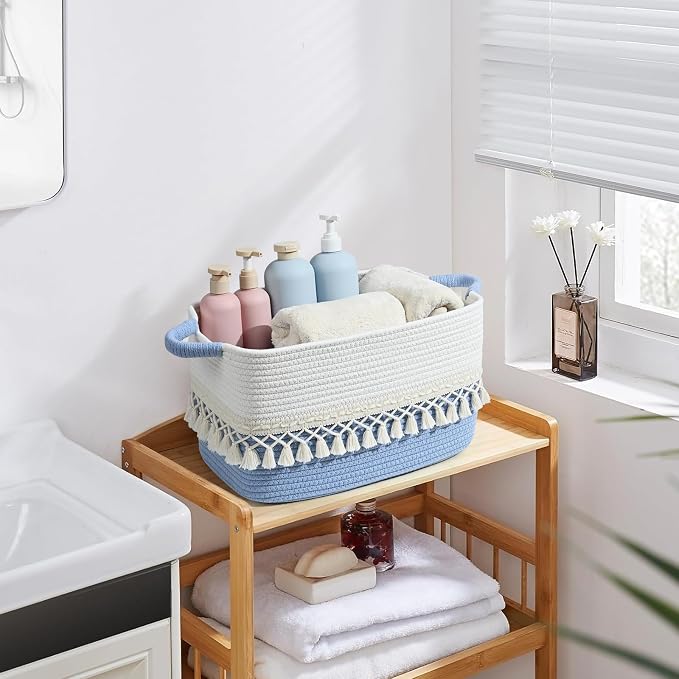 3 Pack Storage Basket for Shelves, Boho Cotton Rope Storage Bins with Heavy Tassel, Shelf Baskets Large Woven Baskets for Organizing, Cube Organizer Bins, Baby Laundry Basket for Clothes, Toys, Pets - Image 6