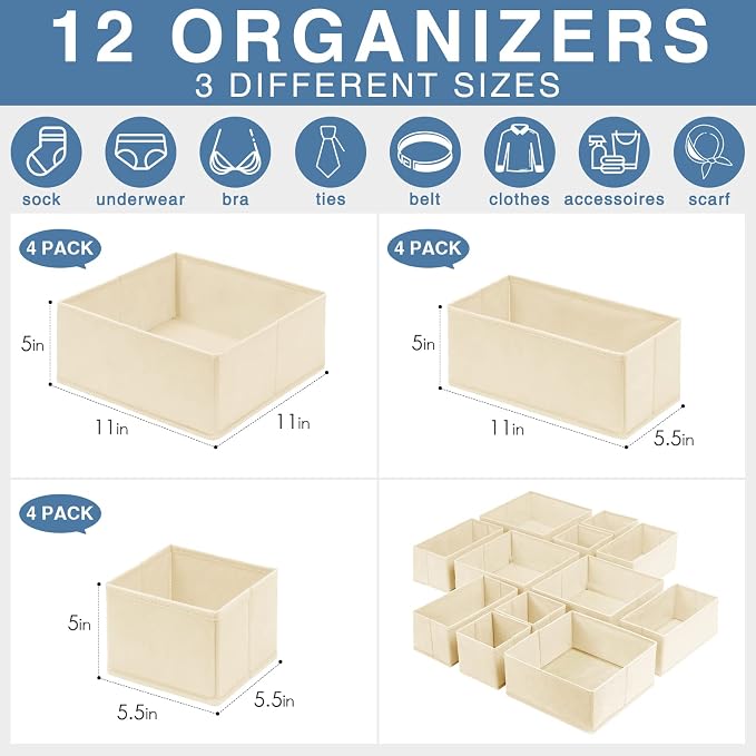Drawer Organizer Clothes 12 Pack, Dresser Organizer for Nursery Bedroom Closet Organization and Storage - Baby Clothes Organizer Bins - Drawer Divider for Sock Underwear Bra Ties (Beige) - Image 3