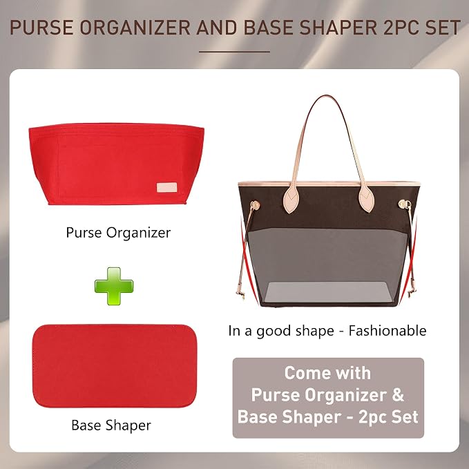 Purse Organizer Insert for Handbags & Base Shaper 2pc Set, Felt Neverfull MM Organizer Insert, Tote Bag Organizer with Zipper Pocket and Bottle Holder, Fit Speedy 30 Neverfull MM and More,Red-L - Image 3