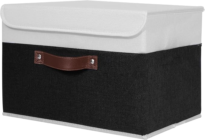 ANMINY Fabric Storage Box Bins with Lids, Black White, 13"x9"x7.9" | Keepsake Memory Storage, Cotton Linen, PP Board Reinforced, Washable, PU Handles, Foldable & Stackable, Decorative, Medium by ANMINY