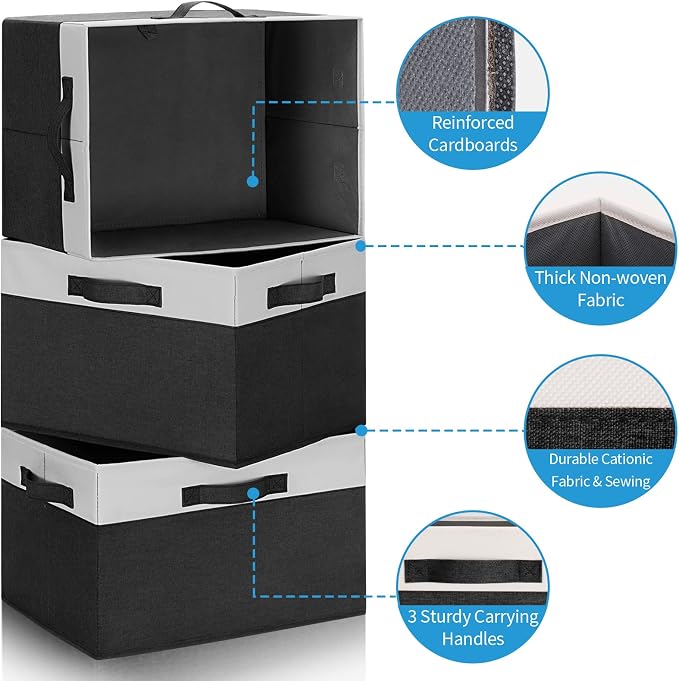 GhvyenntteS Large Storage Baskets for Shelves 3 Pack, Collapsible Fabric Storage Bins with 3 Handles, Decorative Closet Organizers and Storage bins for Clothes Blanket Beddings (Black, 15"x11"x9.6") - Image 3