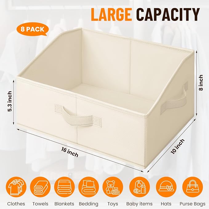 Closet Organizers Bins 8 Pack - Large Closet Shelf Organizer with Handles - Fabric Trapezoid Home Organization and Storage Baskets for Organizing Clothes Toy Blanket Towel Purse Hats - Image 2