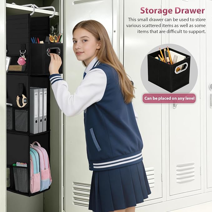 3 Shelf Hanging Locker Organizer with Side Pockets, Dark Black | Durable Oxford Fabric, Deep Shelves 9 in x 7 in, Adjustable Locker Shelf from 3 to 2 Shelves for School Locker, Gym, Closet - Image 5