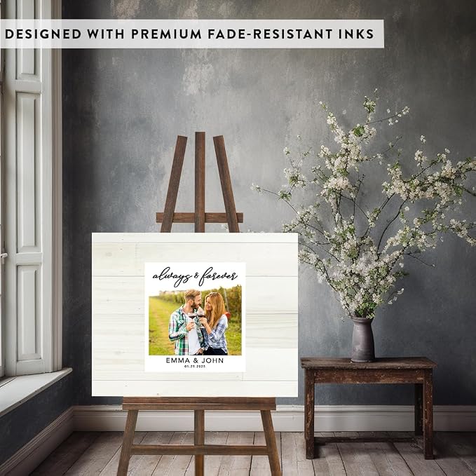 Andaz Press Custom Large Canvas Wedding Guest Book Alternative, 16 x 20 Inches, Always & Forever Shabby White Wood Photo Personalized Sign Our Canvas Guest Book Signs For Wedding Rustic Woodland Theme - Image 3
