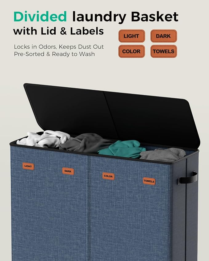 185L Laundry Hamper 4 Section with Lid & Removable Bags | Collapsible laundry basket organizer for laundry room, bedroom & dorm with 5 removable washing bags - Image 3