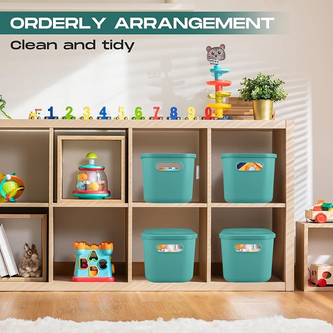 8 Pack Storage Bins, 16.1 X 12.0 X 9.7 Inch Green | Plastic Stackable Containers with Lid Handle, For Shelves Desktop Playroom Office, Organizing Toys Books Supplies Storage - Image 6
