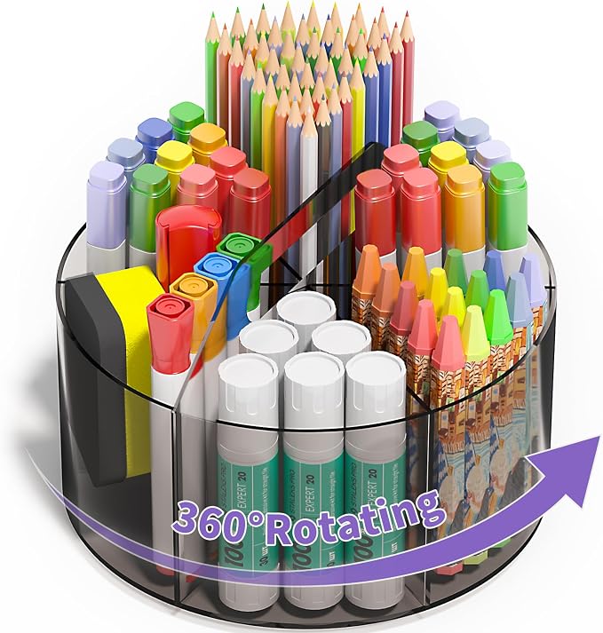 Mefirt Acrylic Pen Organizer, 360 Degree Rotating Desk Organizer with 6 Compartments Crayon Holder for Office, School, Home, Art Supply, Grey by Mefirt