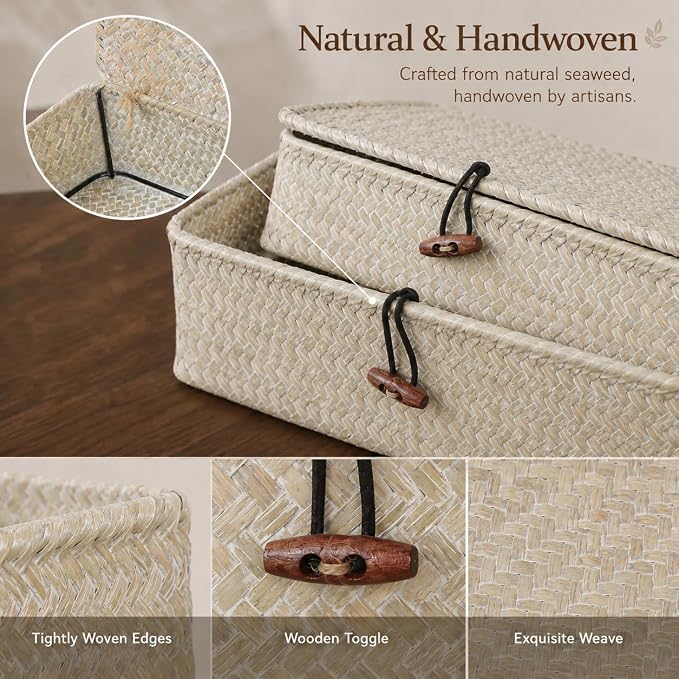 YANGQIHOME Set of 2 Seagrass Baskets with Lids, Rectangular Woven Storage Baskets, Natural Wicker Basket Boxes for Coffee Table, Shelf, Bathroom Counter & Closet Decor (Whitewashed, Set of 2) - Image 6