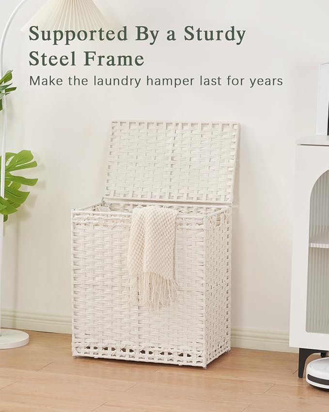SETVSON Laundry Hamper with Lid Wicker Laundry Basket, White | Decorative Furniture Look for Bathroom & Bedroom, 3-Section Large Wicker Hamper, 3 Cloth Bags, 6 Mesh Bags Included - Image 8