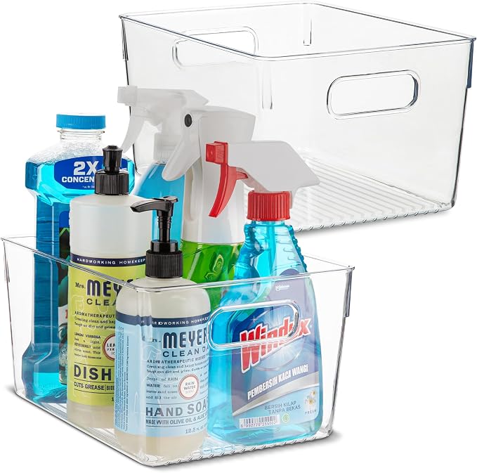 Plastic Food Storage 2 Pack Clear Container Bin with Handles for Organizing Kitchen, Pantry, Refrigerator, Freezer, Pantry, Cabinet, Closet, Bathroom. 10”x7.5”x5.3” by primebox