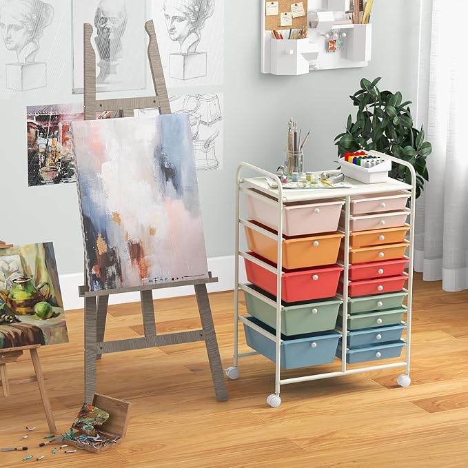15 Drawer Rolling Storage Cart, Rolling Cart with Drawers for Classroom, Art Supply Craft Organizer on Wheel with Metal Frame & Handles for Home Office School - Image 2