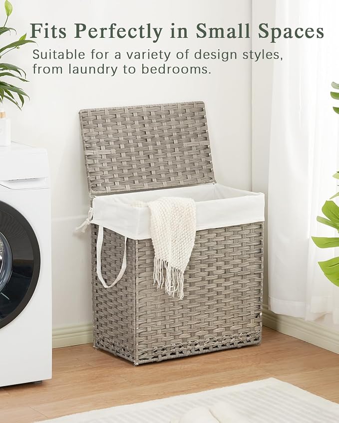 SETVSON Laundry Hamper with Lid Wicker Laundry Basket, 112L, Gray | Decorative Furniture Look for Bedroom & Bathroom, 2-Section Sorting Hamper with Lid, 2 Liners, 6 Bags, Side Handles - Image 7