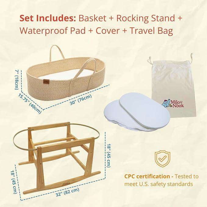 Milo & Nook Baby Changing Basket with Pad & Moses Basket Stand – Soft Cotton Nursery Basket, Waterproof Pad & Removable Washable Cover, Complete Changing Station for Newborn - Image 2