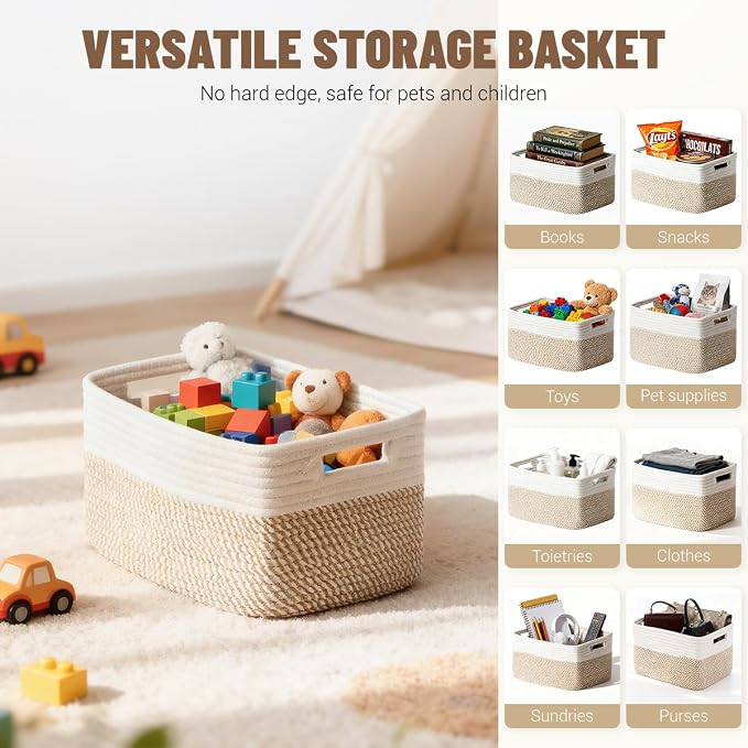 5 Pack Woven Storage Baskets, Decorative Storage Bins for Organizing | 13.8'' × 9.8'' × 7.9'', Cotton Rope Basket Organizer for Closet, Shelves, bathroom, Nursery, Toys, Books, Pantry, Khaki/White - Image 5