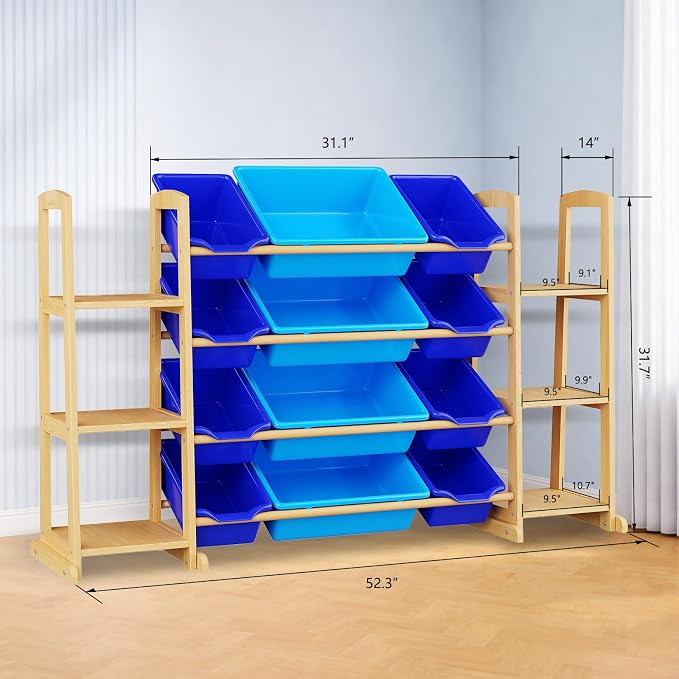 Kids Toy Storage Organizer with Bookshelf – Wooden Shelf with 12 Bins & 6 Shelves, Quick Assembly Storage Rack for Playroom, Bedroom, Nursery– Blue - Image 2