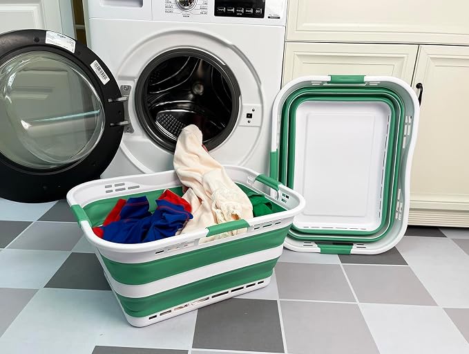 SAMMART Set of 2 Collapsible Plastic Storage Basket - Foldable Pop Up Storage Container - Portable Laundry Organizer - Space Saving Hamper (White/Winter Green, 42L (Style A)) - Image 4