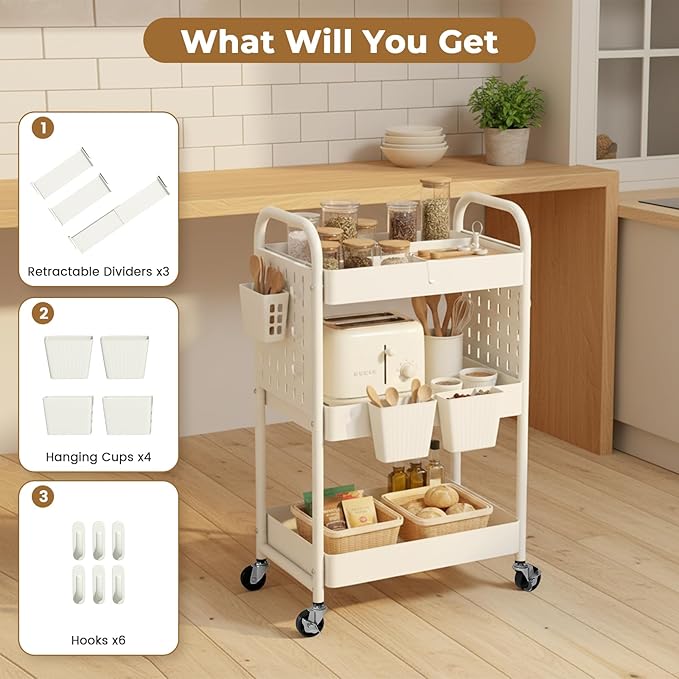 danpinera Craft Cart, Black Rolling Cart with Retractable Dividers & DIY Pegboards for Kitchen, Bedroom, Laundry - Image 3