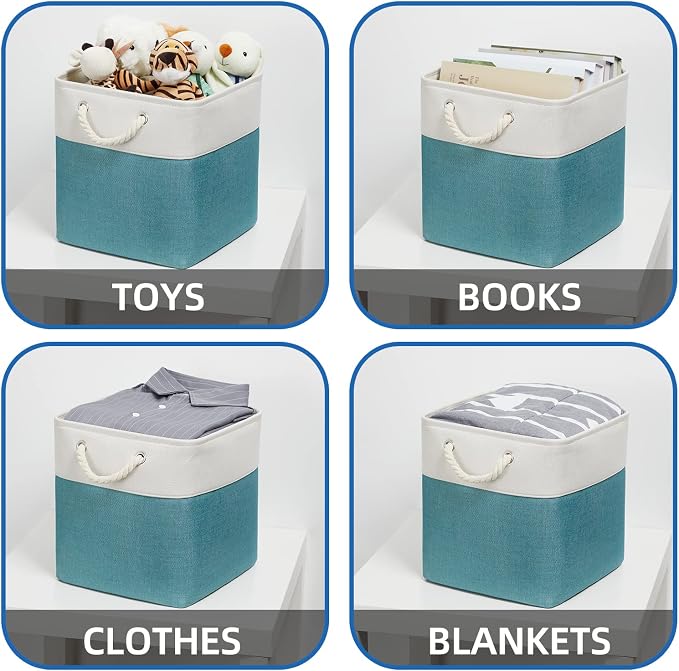 Temary Cubes Storage Baskets 12 Inch Cube Storage Bins for Shelf, Fabric Storage Cubes for Gift Empty Baskets for Home, Collapsable Box Basket for Storage (White&Teal) - Image 4