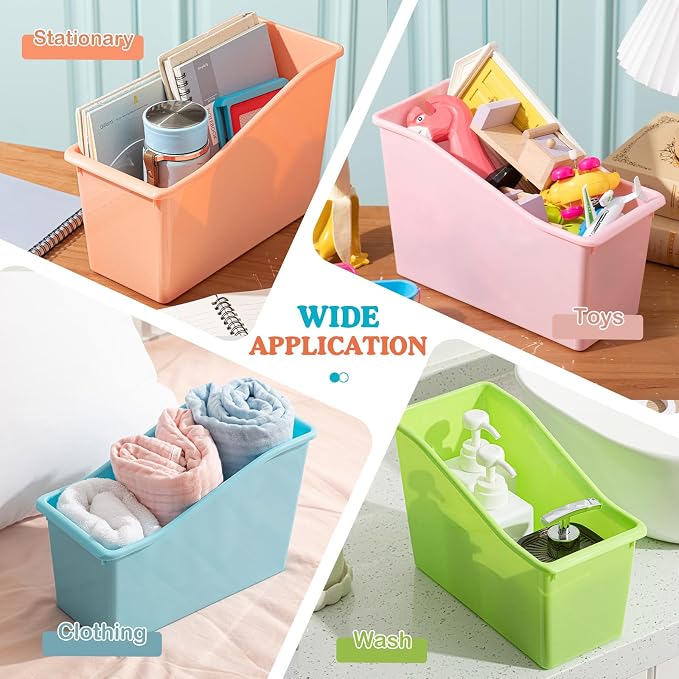 Geetery 12 Pcs Book Bin for Classroom with Labels Stackable Plastic Organizing Bins 11.5 x 5.4 x 7.5 in Book Holders Storage Bins Box Baskets for Classroom Library Home (Pastel Color) - Image 4