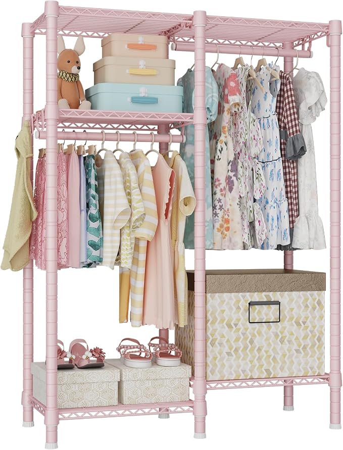 F1 Clothes Rack for Kids, Baby, Students, and Children's Room, 4 Tiers Portable Metal Closet Clothing Rack, Small Garment Rack with 2 Hanging Rod, 31.2" W x 11.8" D x 48" H, Pink | Clothing Rack for Baby and Children's Room, Small Freestanding Clothes ... by Ulif