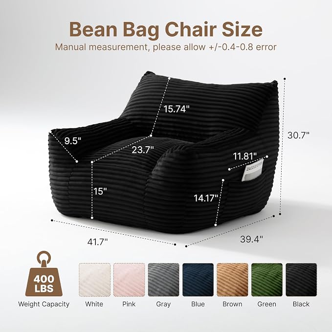 Bean Bag Chair for Adults & Kids, Giant Bean Bag Sofa with Side Pocket, Corduroy Beanbag Chair with Armrests, Comfy Stuffed Floor Sofa for Living Room Bedroom Dorm, Black - Image 2