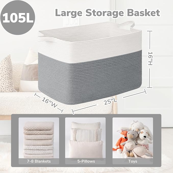 Goodpick 105L Extra Large Woven Blanket Basket Cotton Rope Storage Baskets for Organizing, Rectangle Baby Laundry Basket for Living Room Home Decor, 25"x16"x16", White & Gray - Image 3