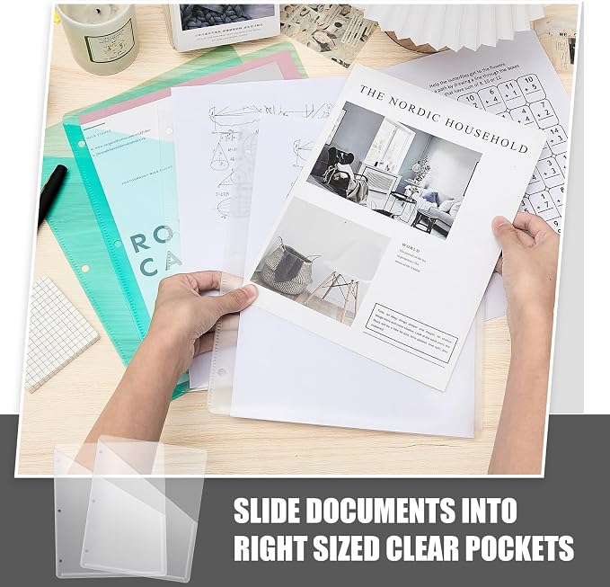 Seajan 200 Pcs Binder Pocket Folders, Clear 3 Ring Binder, Transparent | Plastic Folders Sleeves with 2 Pockets, Poly Slash File Jackets, 3 Hole Punched Dividers for School, Office, Documents - Image 5