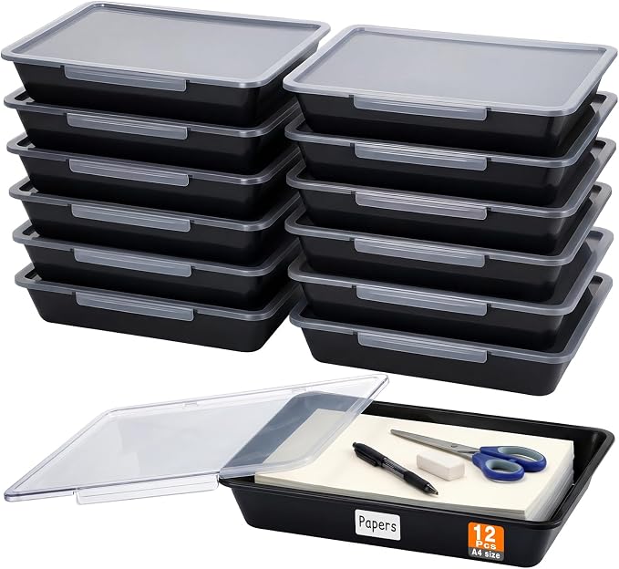 12 Pcs Classroom Paper Storage Bins with Clear Latching Lids Labels, Letter Size Stackable Flat Trays Container Paper Organizer for Teacher Back to School Office Arts Crafts (Black,13x10in) by Tinlade