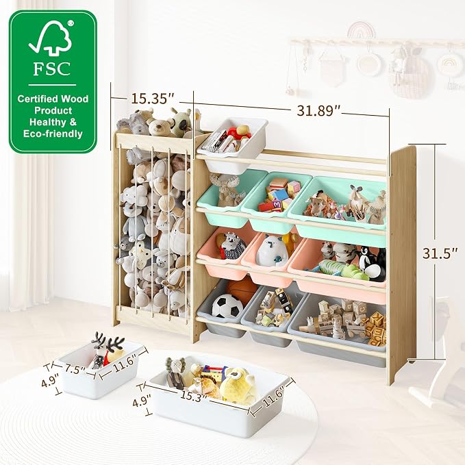 EXPERLAM Kids Toy Storage Organizer, 2-in-1 Stuffed Animal Storage & Toy Organizer w/12 Bins, Solid Wood Toy Rack Featuring Thicker Elastic Ropes to Hold Toys, Playroom Nursery Bedroom Storage, Multi - Image 2