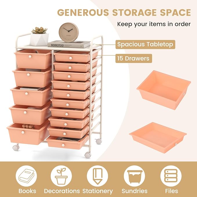 GOFLAME 15-Drawer Rolling Storage Cart, Craft Storage Cart with Removable Drawers & Lockable Wheels, Art Cart Supply Storage Organizer for Home Office Classroom, Peach Fuzz - Image 4