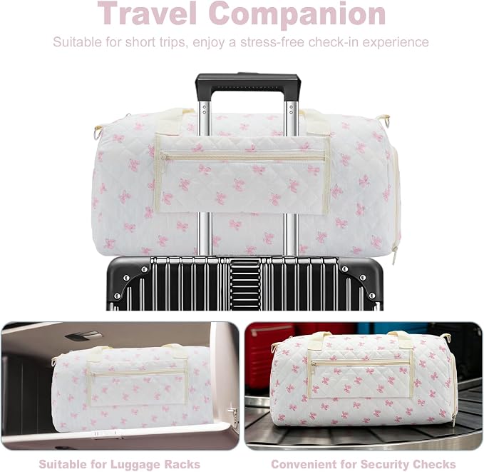 White Pink Bow Quilted Weekender Duffle Bag with Shoe Compartment | Women's Overnight Gym Bag for Travel, Carry-On Duffel with Luggage Sleeve for Hospital Labor & Weekend Getaway - Image 5