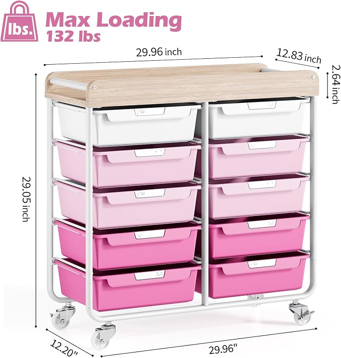 10 Drawers Rolling Cart with Wooden Tabletop, Utility Storage Cart with Wheels, Art Supply Craft Organizer on Wheel with Metal Frame & Handles for Home Office School,Pink | Easy Setup, Large Capacity, Sturdy Build, Lockable Mobility, For office, classr... - Image 3