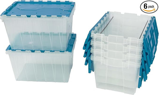 Akro-Mils KeepBox 12 Gallon Storage Container, Nesting and Stackable Plastic Storage Box with Lid Attached and Rails for Letter Size Hanging File Folders, 21" x 15" x 12", Clear/Blue, 6-Pack by Akro-Mils