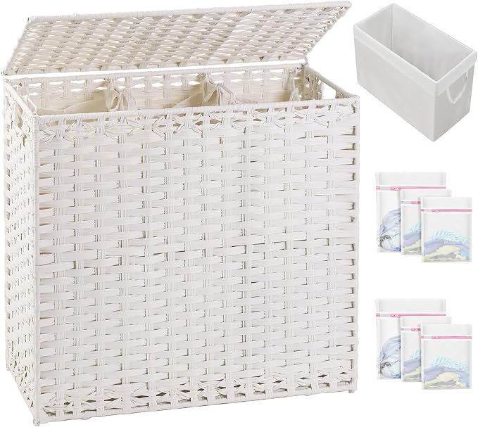 SETVSON Laundry Hamper with Lid Laundry Basket 132 L PE Rattan, White | Large Family Clothes Sorter Trunk with Lid, 3 Compartment Washable Liners, 6 Mesh Bags, Collapsible Steel Frame by SETVSON