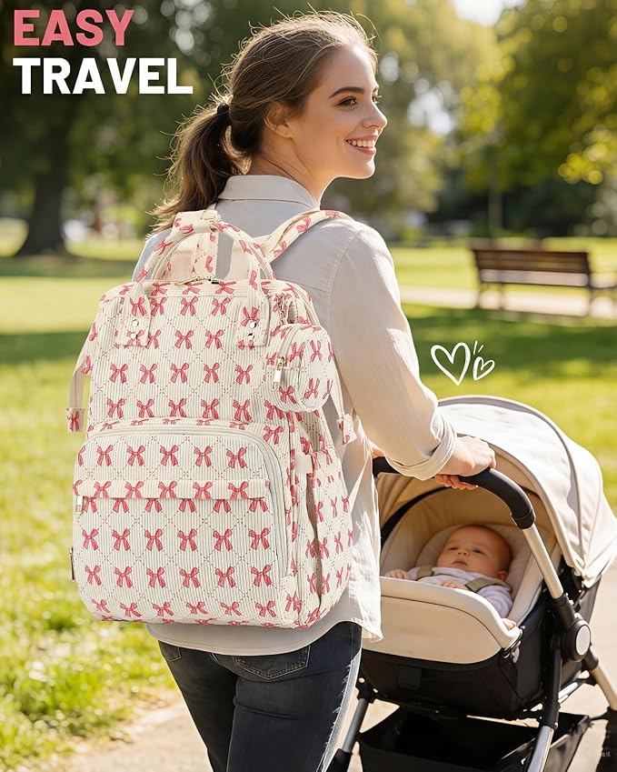 Corduroy Diaper Bag Backpack, Large Capacity Multifunction Baby Diaper Bags for Women, Insulated Bottle Pockets & Pacifier Case, Stylish Travel Nappy Changing Bags for Mom Dad (Bow Pink) - Image 8