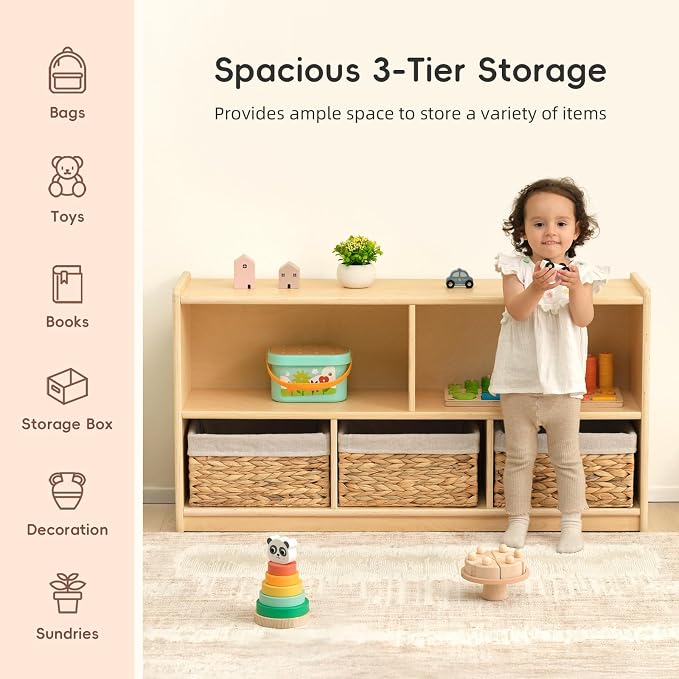 OOOK 5-Compartment Wooden Storage Cabinet, Montessori Toy Shelf Organizers | FSC Safety, Classroom Organizer and Montessori Bookshelf for Playroom, Daycare and Preschool, 44.6"W×11.7"D×23.6"H - Image 7