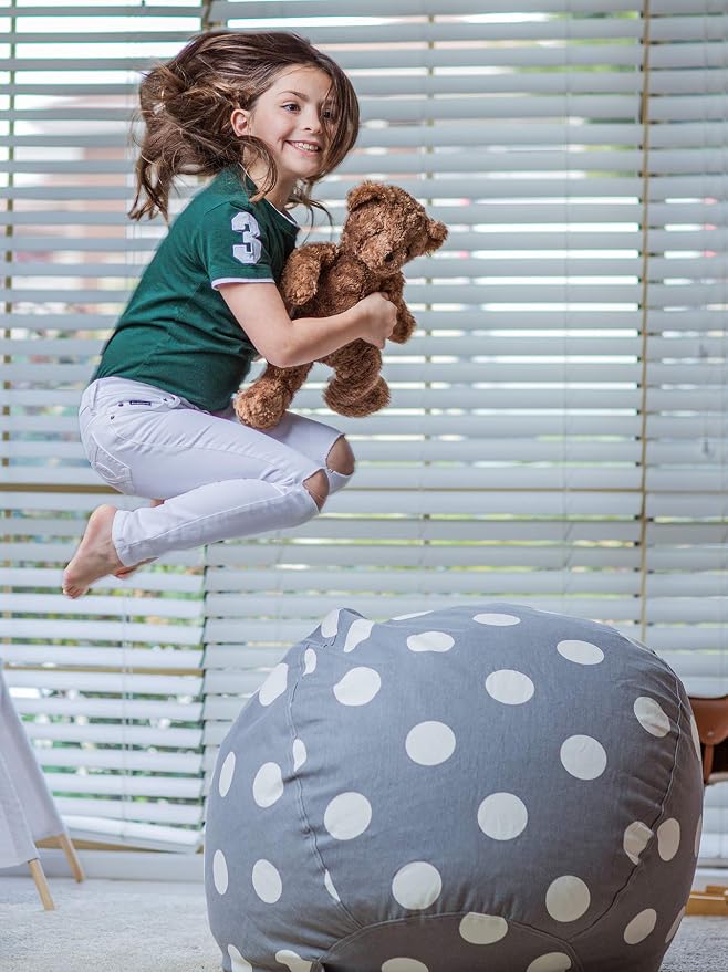 WEKAPO Stuffed Animal Storage Bean Bag Chair Cover for Kids | Stuffable Zipper Beanbag for Organizing Children Plush Toys Large Premium Cotton Canvas (Gray Dot, X-Large) - Image 5