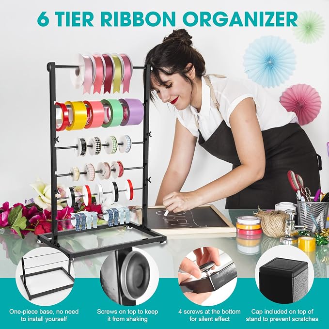 6 Tier Metal Ribbon Organizer, Height Adjustable Metal Spool Ribbon Holder Storage Organizer Rack for Craft Room Flower Shop Gift Wrapping Large Capacity - Image 4