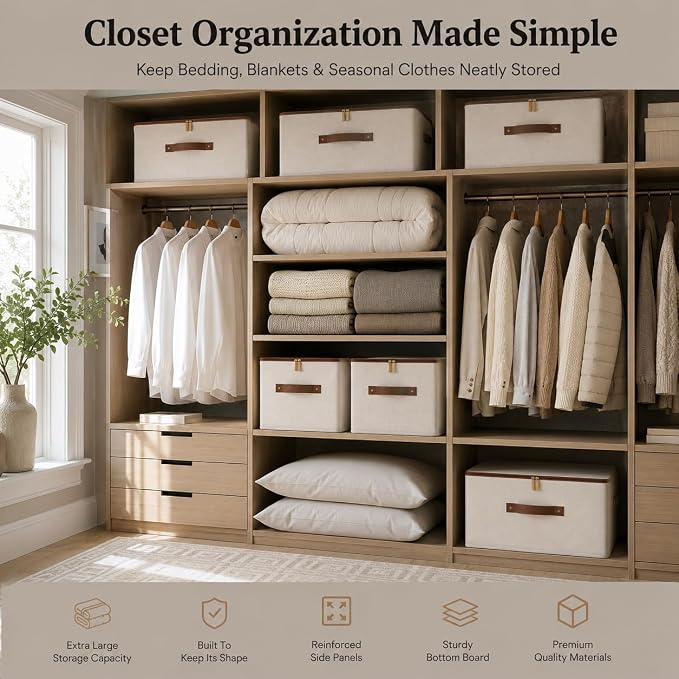 Tuza 3 Pcs Rigid Storage Bins with Zipper Lid, Cotton Linen Fabric Storage Boxes, Foldable Shelves Clothes Storage Cubes with Handles for Wardrobe, Closet(Beige, 42L) - Image 5