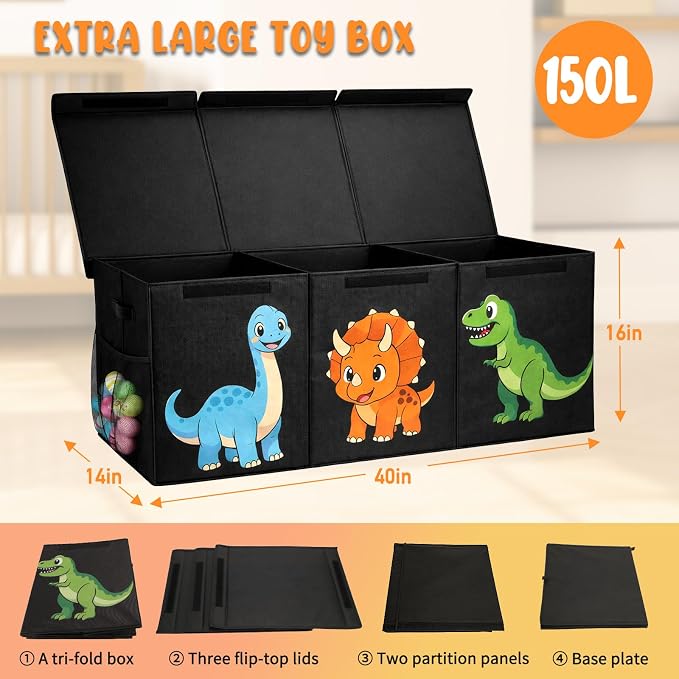 Extra Large Collapsible Toy Box Chest, Sturdy Dinosaur Toy Storage Organizer with Lids, 40"x16"x14", Toy Box for Boys Girls, Cute Kids Bin Baskets for Living Room, Playroom, Nursery, Bedroom, Black - Image 2