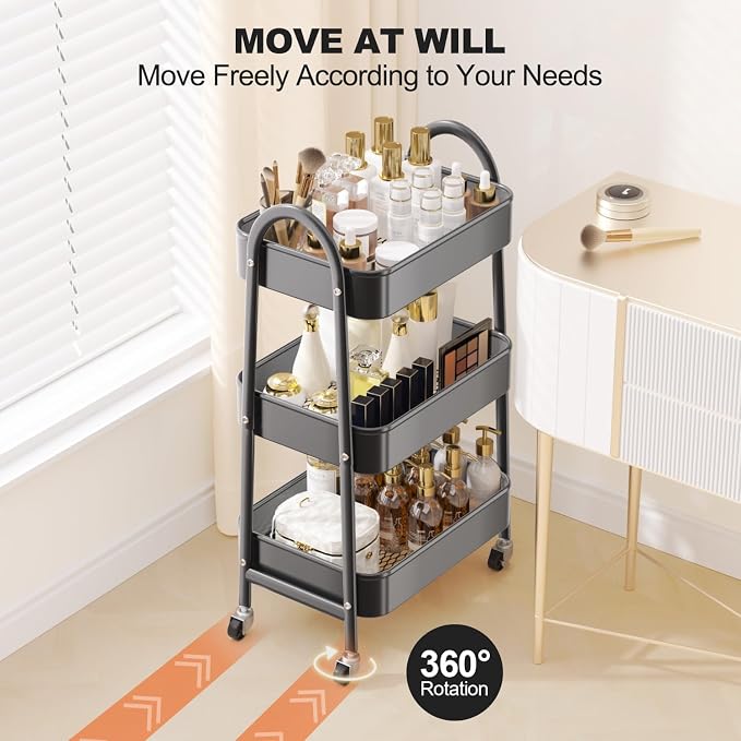 3 Tier Rolling Cart, Large Metal Storage Cart with Handle and Lockable Wheels, Big Multifunctional Storage Organizer Trolley with Mesh Baskets for Kitchen, Living Room, Office, Garage (Black) - Image 4