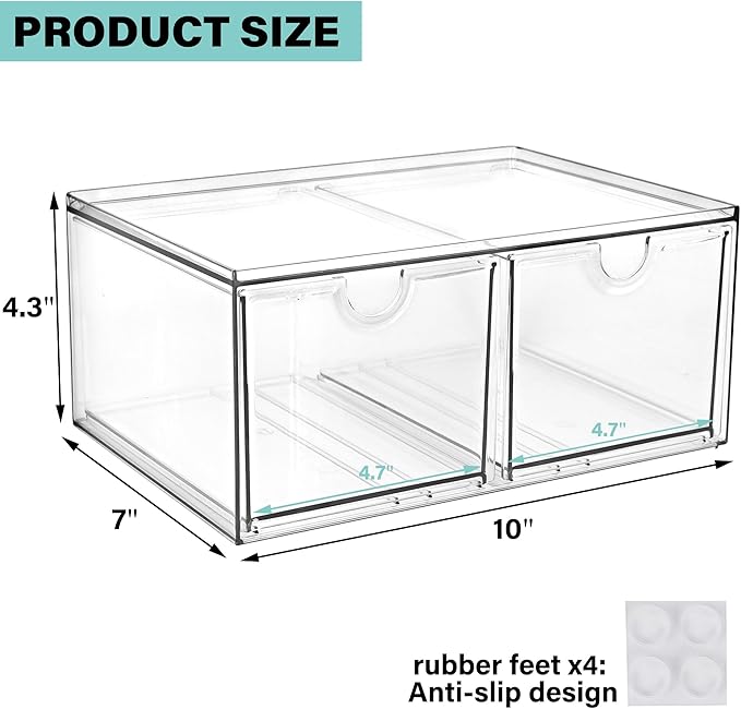 Prsildan Stackable Clear Makeup Organizer Acrylic Storage Drawers with 2 Drawers for Vanity Bathroom Office Desk Modular Drawer System for Cosmetics Jewelry Toiletries Home Organization - Image 3