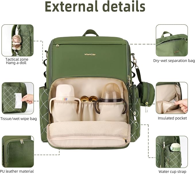 Stylish Baby Diaper Bag, Baby Bag with Changing Pad, Pacifier Case& Stroller Straps, Large Diaper Backpack Boy Girl, Water Resistant Travel Diaper Backpack（Green） - Image 2