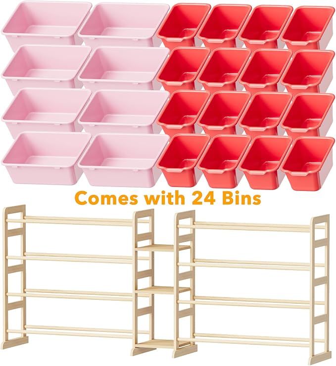 SpaceAid Large Toy Storage Organizer with 24 Bins and 3 Shelves, Toy Organizers Storage Bookshelf, Kids Bin Shelf Box Bookcase for Bedroom Playroom Organization Room Decor, Red and Pink - Image 7