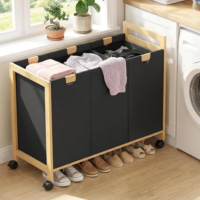 250L Laundry Sorter Cart with Wheels, 3-Section Rolling Laundry Basket with Removable Bags, 66 Gal Large Laundry Hamper Organizer, Heavy Duty Bamboo Frame, Water-Resistant, Black - Image 8