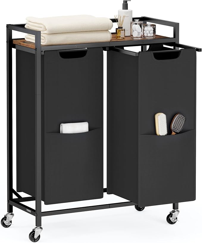 VASAGLE Laundry Sorter, 29 Gal. (110 L) Laundry Hamper Basket with 2 Compartments, Rolling Cart with Wheels, Shelf, Removable Bags, Pockets, Ink Black and Rustic Brown UBLH021B01 by Unknown
